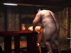 Hardcore in basement. Fat man fucks hard a sexy blonde slave