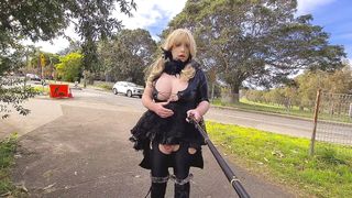 Goth whore flashing by a busy road and on a golf course