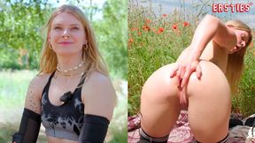 First-year biker Katja E enjoys wild sex on the meadow with toys