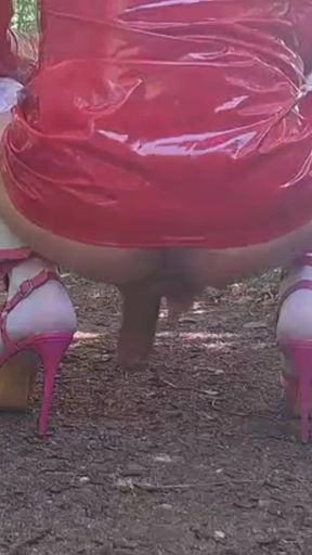 Exhibition in the Woods in Latex Outfit, Heel and White Stockings