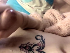 Tattood shemale tranny plays with ass during masturbation