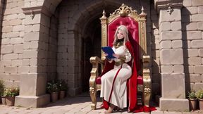 Languid Reading in a Gothic Library, White Robe and Red Cape, Hand Resting Gracefully with Half-closed Eyes.