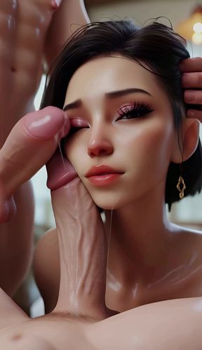 Black short hair 3d animated girl giving blowjob two cocks.