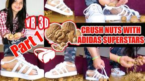 VR 3D Virtual Reality Sexy girl crushes Part1 4k Here I crush a lot of hard walnuts barefoot in my transparent Adidas Superstars crushing crush nuts sweaty feet barefoot