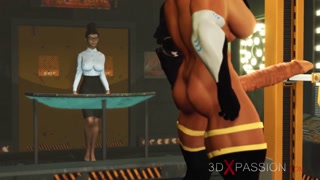 Busty futa sex android with a hude dick doggystyle muscle girl in the lab
