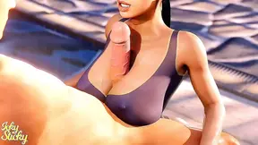 Big-titted lady licks and rides massive cartoon cock