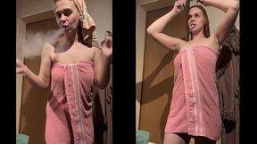 Smoking and combing my hair after a shower - wrapped in a towel