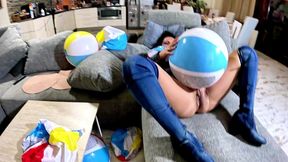 denim beach ball humiliation. deepthroat, popping, doggy and double cum