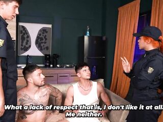 Police officers arrive to restore order in the apartment and end up joining in the pleasure.