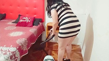 Cheating husband fucks the maid while she vacuums