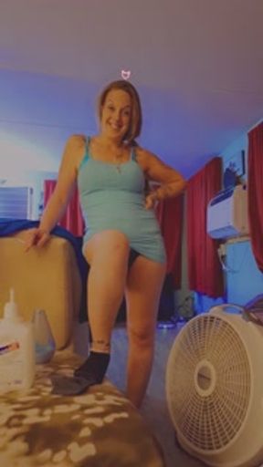 Step Mom hikes up her skirt and shows me her panties while she smokes cigarette and tells me her pussy is throbbing for me