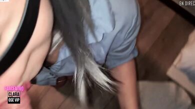 French maid deep throats messy mouth cumload till she gags