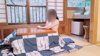 Japanese college student taking off yukata at a Ryokan &amp; peeking under the kotatsu