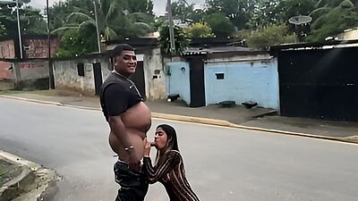 Married woman masturbating in public and giving head to her cuckold husband in the middle of the street, orgasming twice.