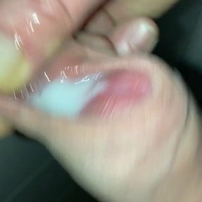 Uncut tugging with cumshot in foreskin