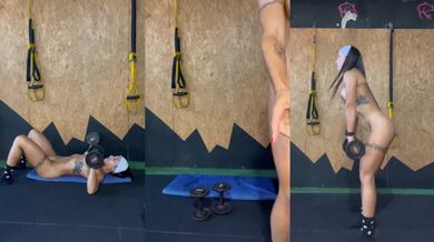 Fit naked girl workout soaking gym tease