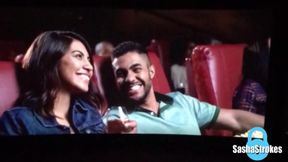 Stroking her big cock in the movie theatre and cumming on the popcorn