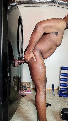Riding Huge Dildo on the Refrigerator Door