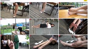 Jun Jun, the HR manager of a state-owned enterprise, shows off her long, beautiful feet in a uniform and high heels at the door of an abandoned bar.