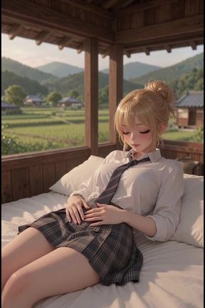 Blonde anime masturbates on terrace