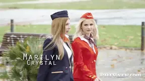 Two hot flight attendants share a juicy creampie