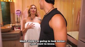 Busty stepmom ends up fucking her muscular stepson after he catches her in the bathroom