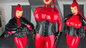 Red Latex Goddess Teases in Shiny Corset and Gloves