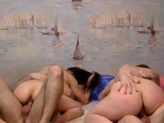Two sluts share facial in hardcore swapping foursome live at