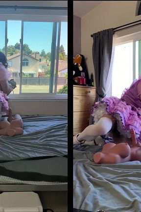 Pink Satin Sissy Maid Rides Her Sex Doll Toy While Locked