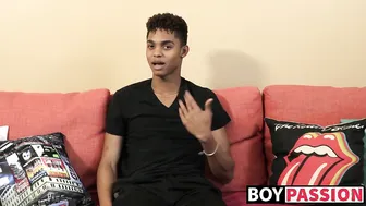 Slim black twink jerks his big cock after interview