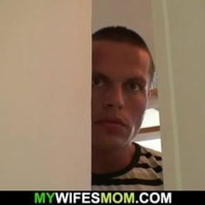 Guy helps girlfriend&#039;s old mother cum