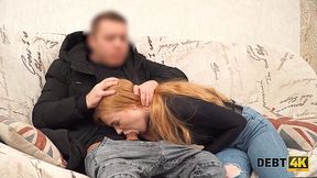 Pretty red head Rose Wild gives a blowjob and gets fucked for debt