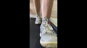 Fitness girl undresses on the treadmill and masturbates