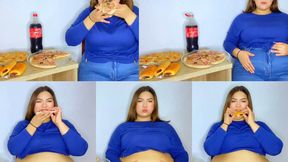 DOUBLE PIZZA STUFFING + Chocolate Cravings, Blue Outfit, Tight Belly, Slow Fullness, Intriguing Ending