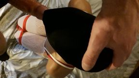 Bound and blindfolded MILF sucks cock POV