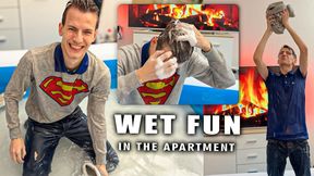 Superman Hoodie Soaked in Home Pool Tight Blue Jeans Darken and Cling, Sneaker Water Poured Over Head, Shampoo Bliss, Wet Abs Flash and Dripping Ecstasy