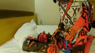 Hard Fucking my boyfriend, cum in his hole while he jerks on my MX boots