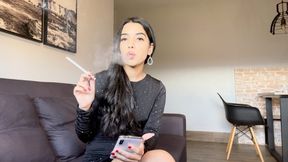 Glam 4K smoking interview with Angie! (Black sparkling mini dress, high heels and 120s white cigarette)