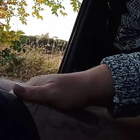 my wife jerks off my dick in the car in nature close up