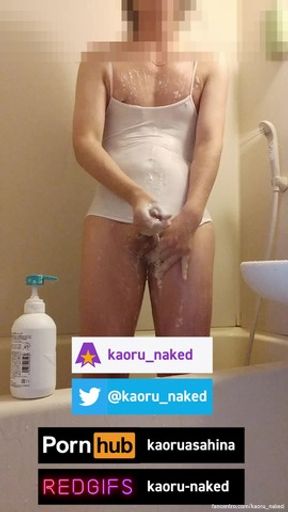 Japanese crossdresser masturbation  while wearing see through swimwear