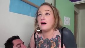 Chubby inked blonde slut in lingerie rides easily a client'_s cock with her ass till getting his hot cum in mouth