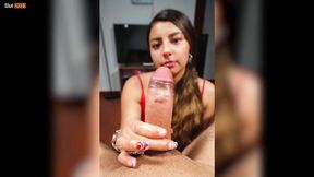 Amateur College babe gives edging handjob to big cock