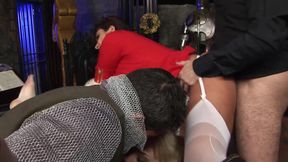 Busty princess and her hot slaves having orgy with two lucky men.