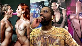 beautiful petite tan tit girls double sided dildo deepthroating, ai generated