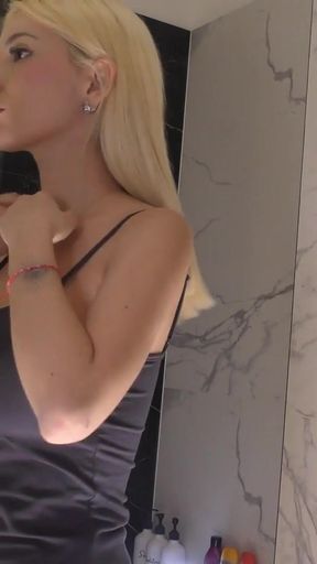 Big tits big ass hot sexy beauty in the bathroom with the short pink skirt shows her braless boobs and long legs   Clip 1