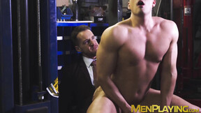Suited Mark Blue ravaged the smooth big butt of hunky Presley Scott