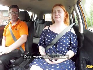 CURVY ginger riding a large knob in a car and let's him cum in her throat - Fake Driving School