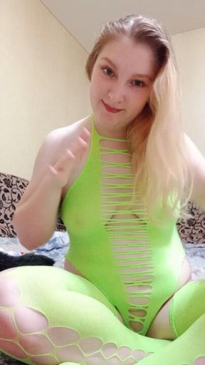 Fingering my pussy in a green suit