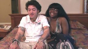 black cutie karibbean sucks a white pipe and gets cum on titties.