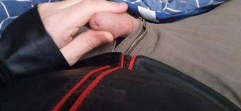 Edging in red and black leather jacket